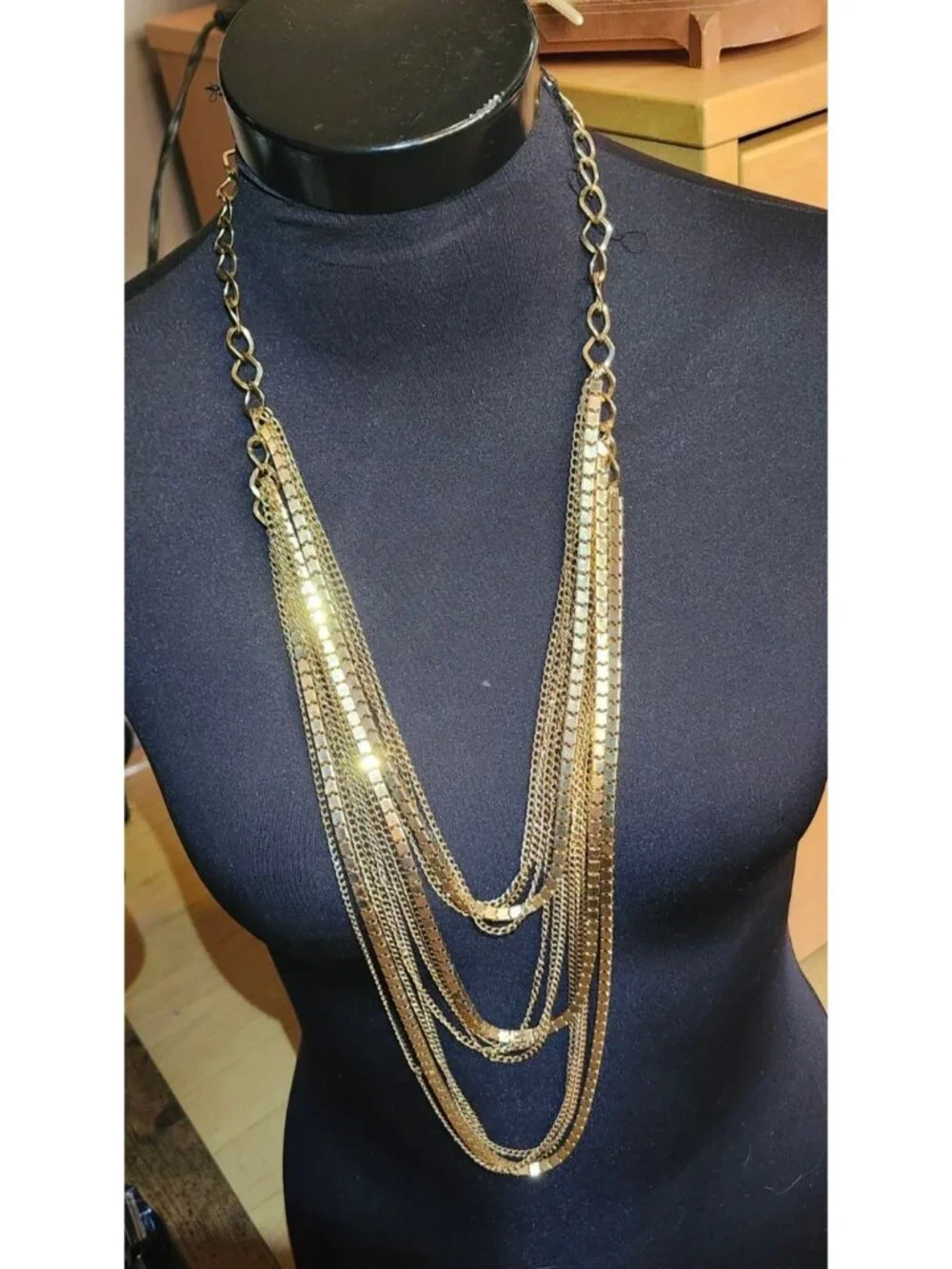 Vintage 1980s Multi Strand Gold Tone Necklace Block & Link Chains Disco Flapper